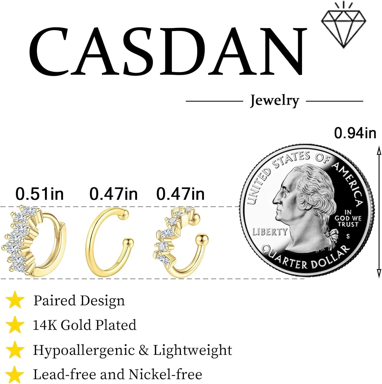CASDAN Ear Cuffs for Women Non Piercing 14k Gold Plated Ear Cuff Earrings for Women Hypoallergenic Earring Cuffs Non Pierced Trendy Cubic Zirconia Fake Cartilage Piercing Jewelry Gifts