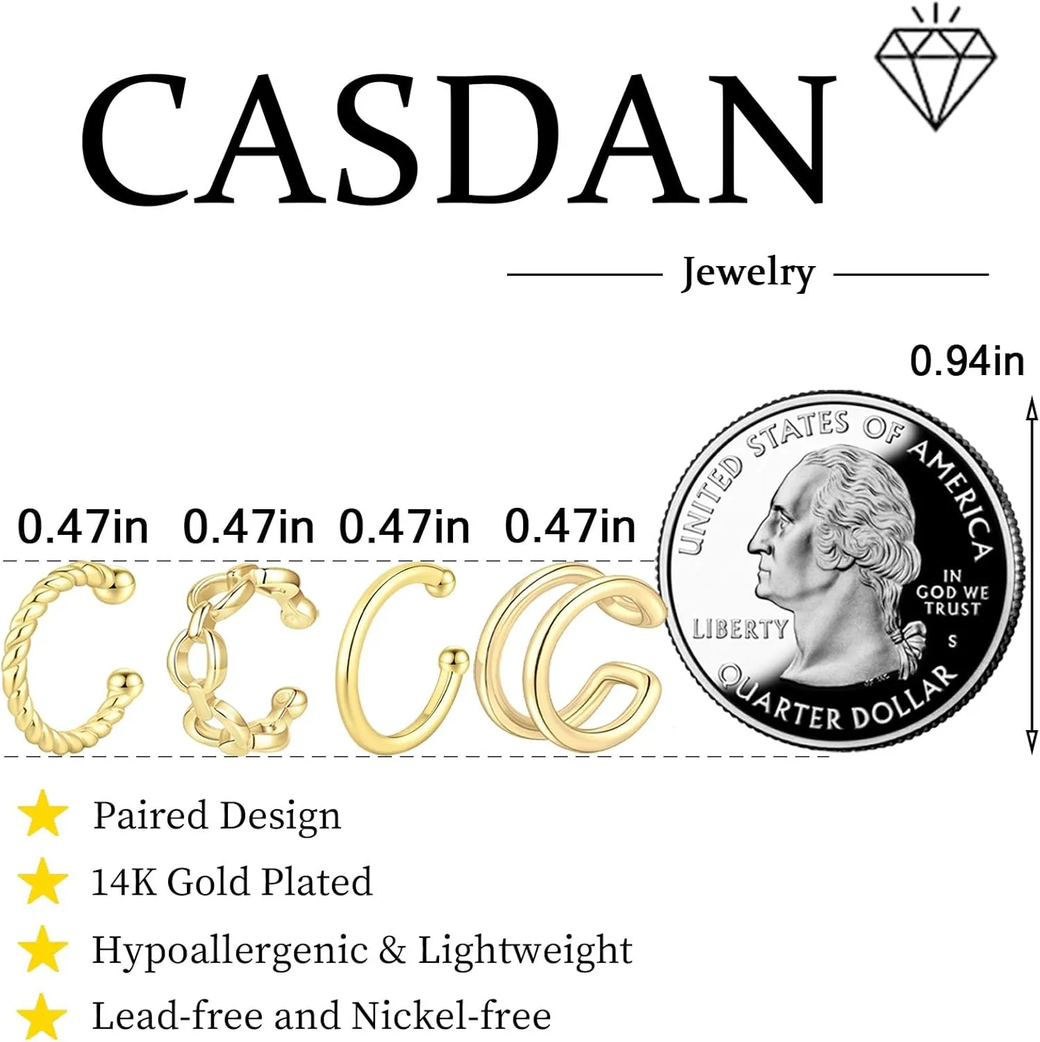 CASDAN Ear Cuffs for Women Non Piercing 14k Gold Plated Ear Cuff Earrings for Women Hypoallergenic Earring Cuffs Non Pierced Trendy Cubic Zirconia Fake Cartilage Piercing Jewelry Gifts