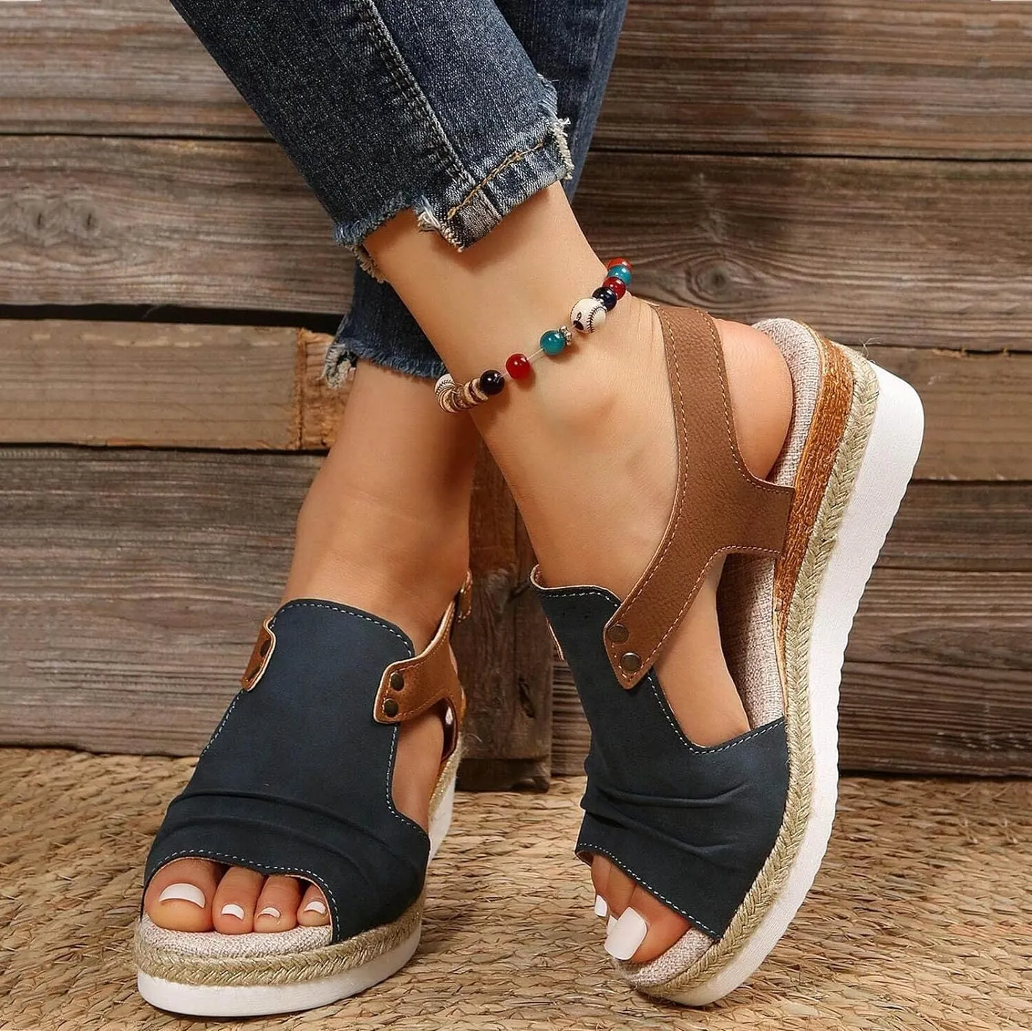 Cathalem Orthopedic Platform Wedge Sandals for Women Summer Dressy Flat Open Toe Ankle Strap Espadrilles Sandals