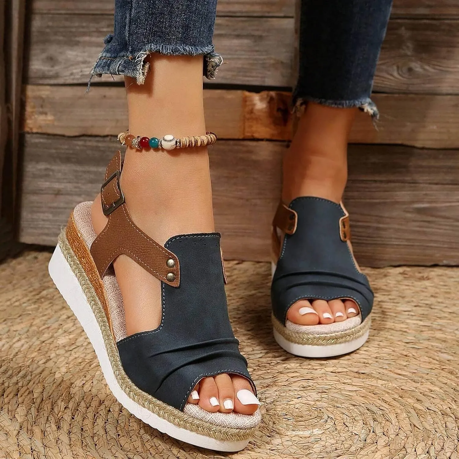 Cathalem Orthopedic Platform Wedge Sandals for Women Summer Dressy Flat Open Toe Ankle Strap Espadrilles Sandals