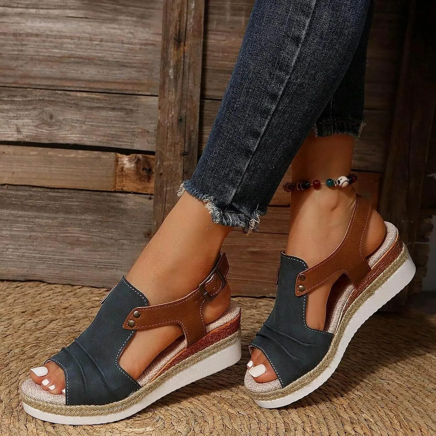 Cathalem Orthopedic Platform Wedge Sandals for Women Summer Dressy Flat Open Toe Ankle Strap Espadrilles Sandals
