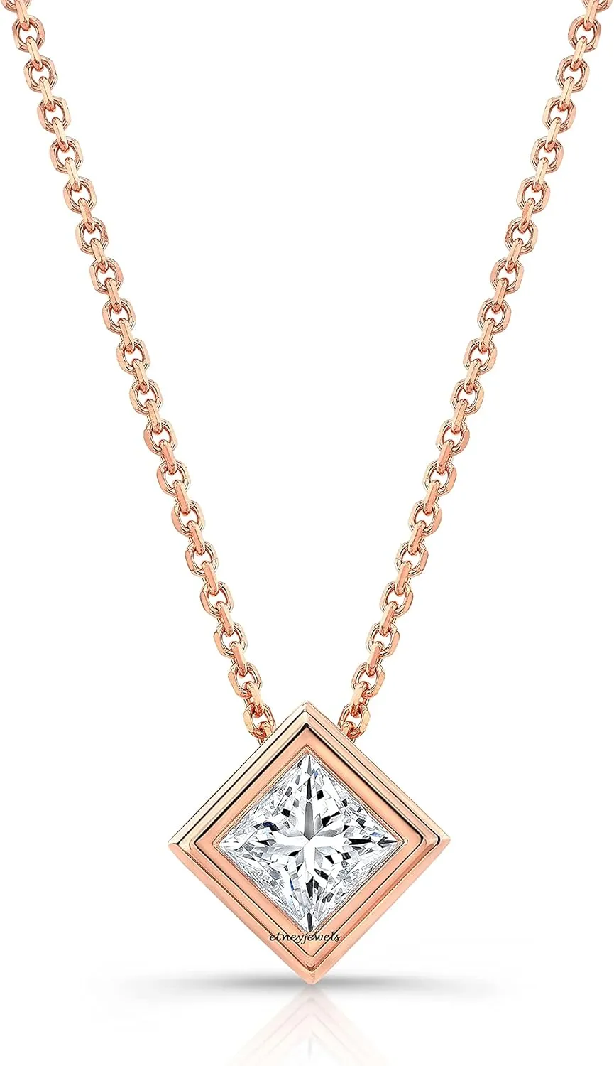 Certified Princess Cut 0.5 CT Lab Grown Diamond Pendant Necklace In 10KT Solid Gold For Women Bezel Setting (Color J-I/Clarity VS2-SI1) with 925 Sterling Silver Chain.