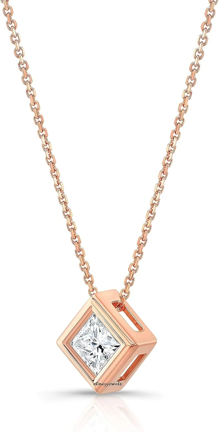 Certified Princess Cut 0.5 CT Lab Grown Diamond Pendant Necklace In 10KT Solid Gold For Women Bezel Setting (Color J-I/Clarity VS2-SI1) with 925 Sterling Silver Chain.