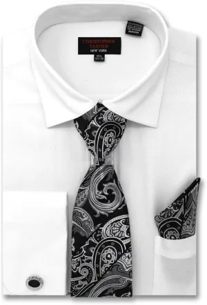 Christopher Tanner Men's Solid Micro Pattern Regular Fit French Cuffs Dress Shirts with Tie Hanky Cufflinks Combo