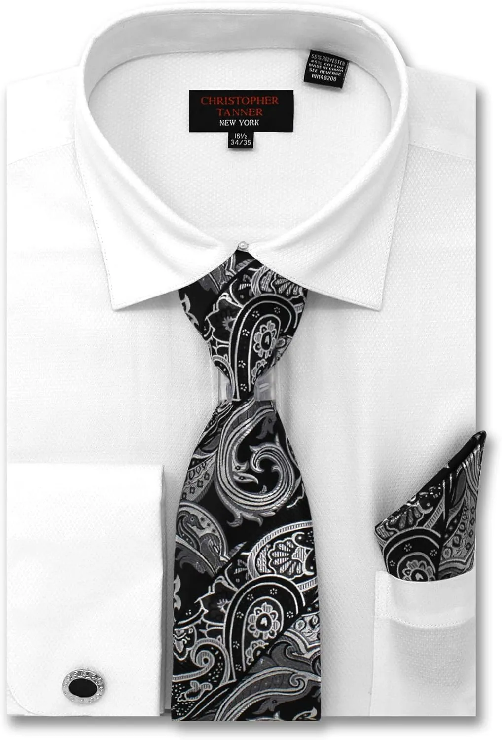 Christopher Tanner Men's Solid Micro Pattern Regular Fit French Cuffs Dress Shirts with Tie Hanky Cufflinks Combo