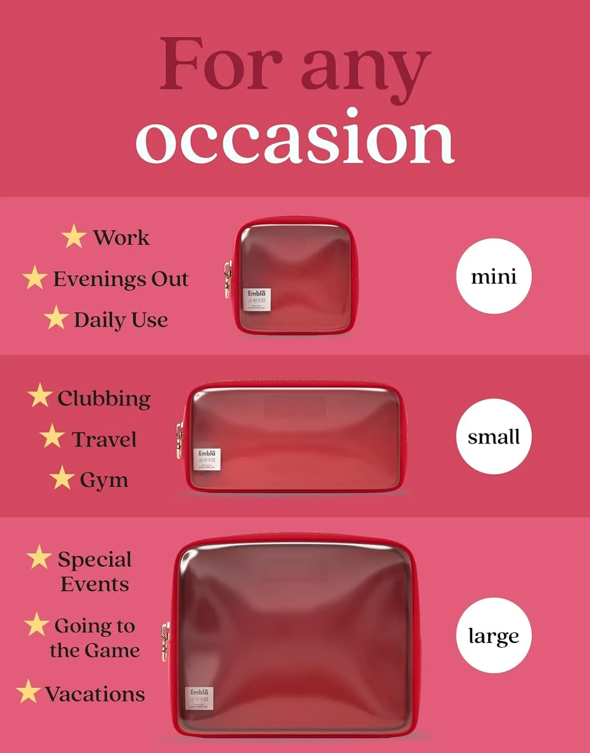 Clear Cosmetic Bags Set of 3, Mini Small Large Makeup Bags For Women Clear Pouch Cosmetics Cases Zipper Cute Pouches Make Up Travel Toiletry Essentials Preppy Purse Organizer Makeup Cases, Ruby