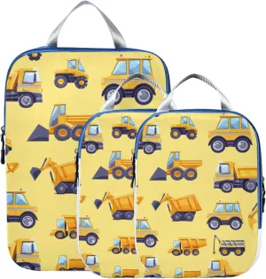 Construction Truck Car Yellow Compression Packing Cubes for Travel Packing Organizers Backpack 3 Pack Luggage Travel Essentials Carry Must Haves Waterproof Suitcase Storage Bags