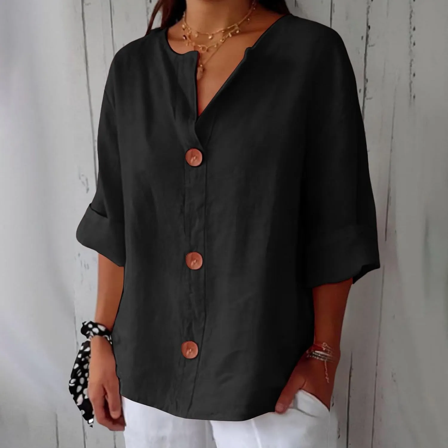 Cotton Linen Shirts for Women Summer Buttons V Neck 3/4 Sleeve Tops Loose Vacation Beach Solid Blouses Tunic Tops
