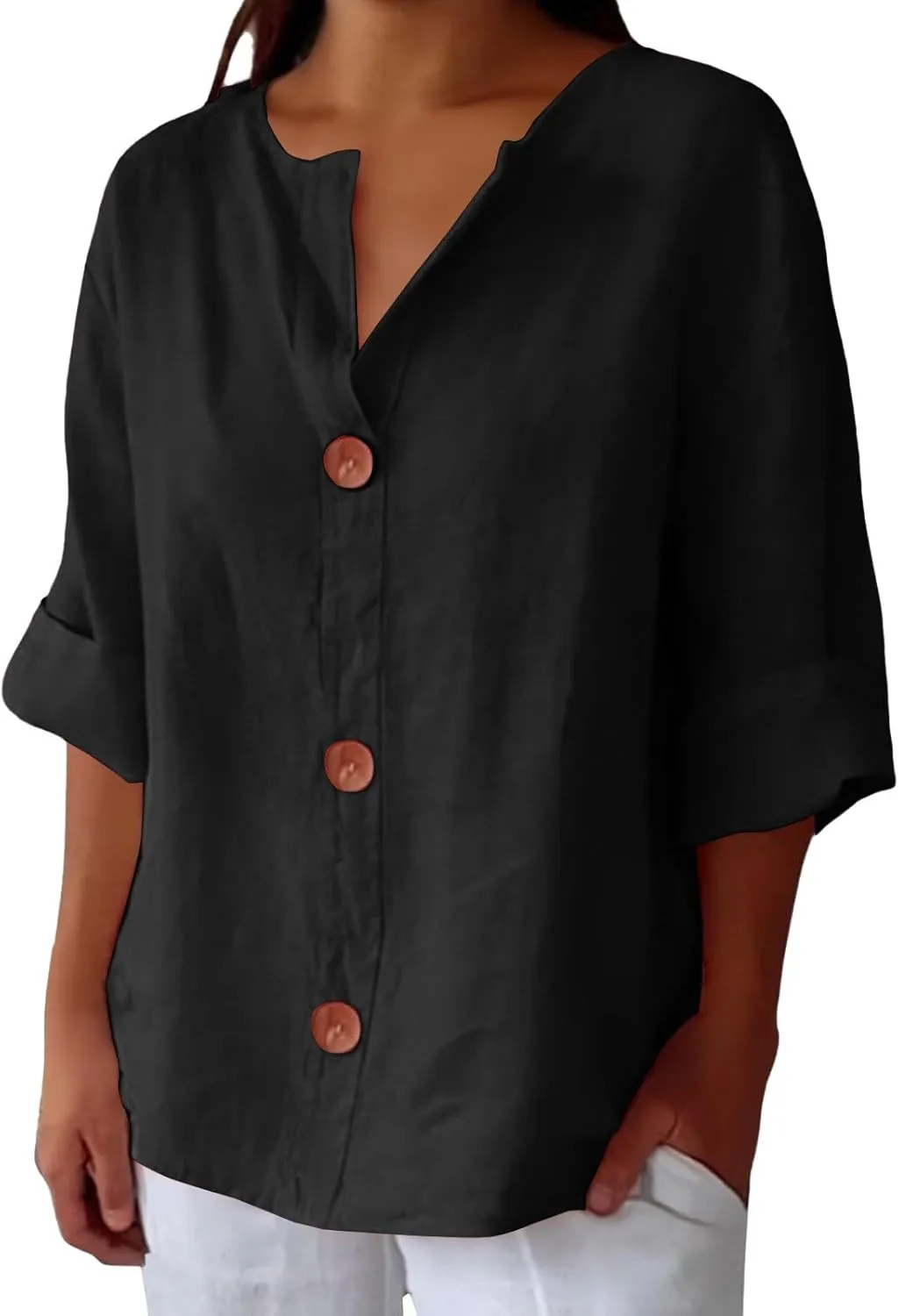 Cotton Linen Shirts for Women Summer Buttons V Neck 3/4 Sleeve Tops Loose Vacation Beach Solid Blouses Tunic Tops