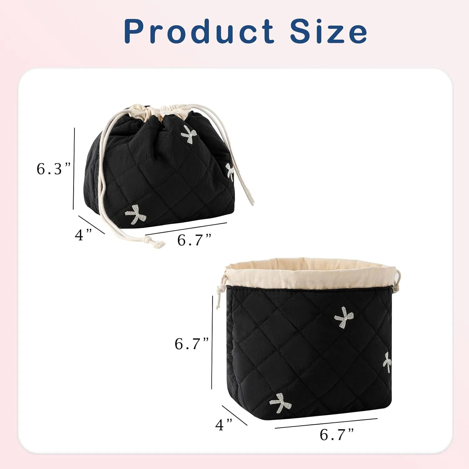 Cotton Quilted Drawstring Makeup Bag with Canvas Lining,Coquette Aesthetic Cute Travel Toiletry Bag,Drawstring Gift Bag for Women and Girls06Black Bows