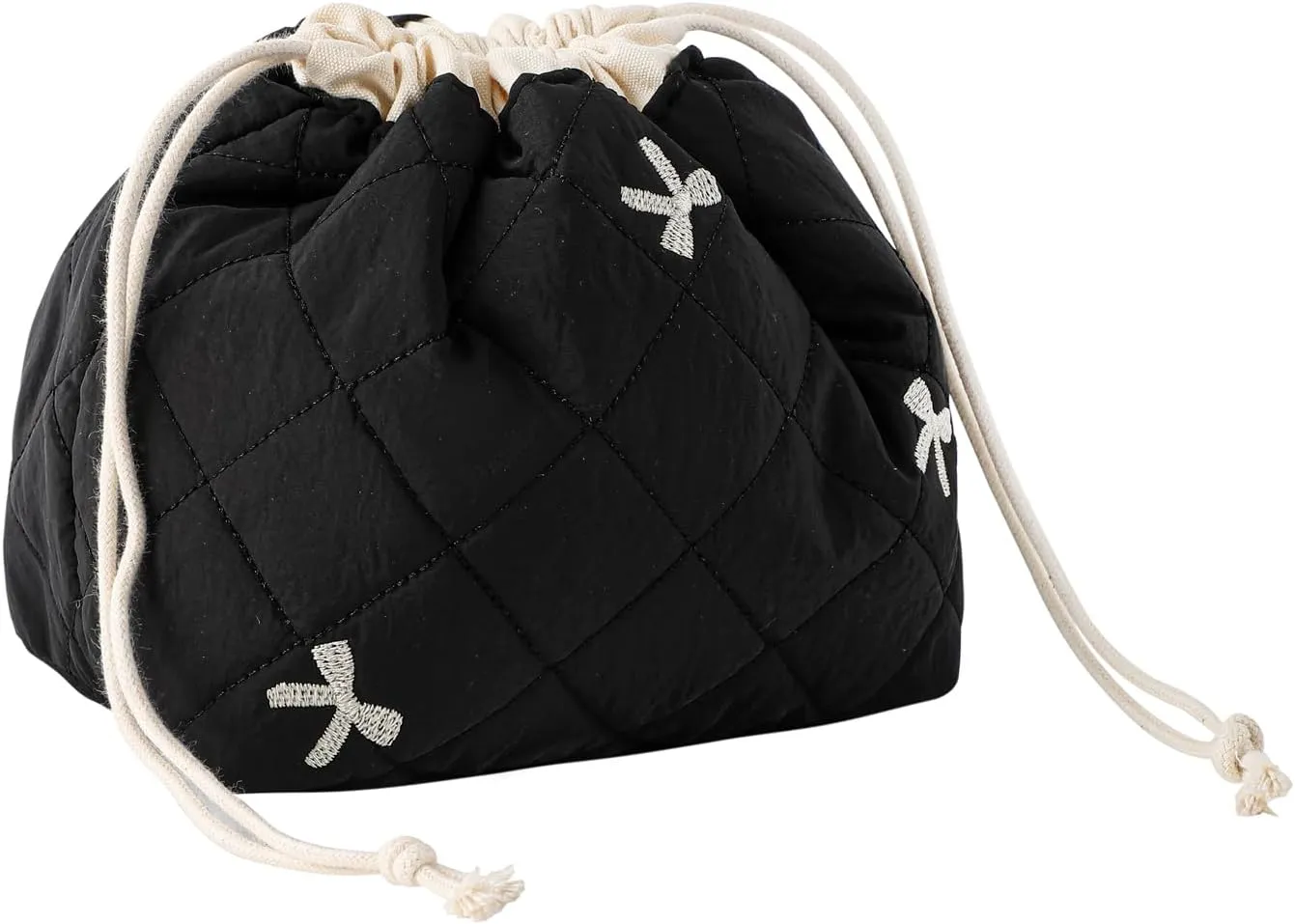 Cotton Quilted Drawstring Makeup Bag with Canvas Lining,Coquette Aesthetic Cute Travel Toiletry Bag,Drawstring Gift Bag for Women and Girls06Black Bows