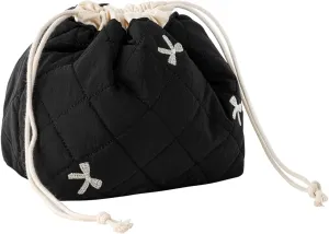 Cotton Quilted Drawstring Makeup Bag with Canvas Lining,Coquette Aesthetic Cute Travel Toiletry Bag,Drawstring Gift Bag for Women and Girls06Black Bows