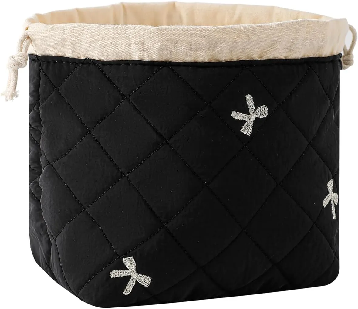 Cotton Quilted Drawstring Makeup Bag with Canvas Lining,Coquette Aesthetic Cute Travel Toiletry Bag,Drawstring Gift Bag for Women and Girls06Black Bows