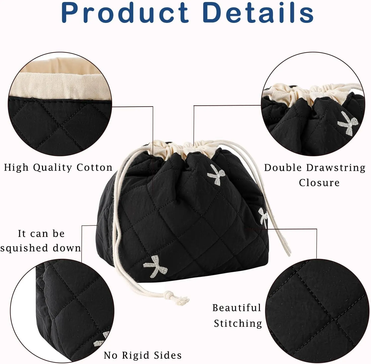 Cotton Quilted Drawstring Makeup Bag with Canvas Lining,Coquette Aesthetic Cute Travel Toiletry Bag,Drawstring Gift Bag for Women and Girls06Black Bows