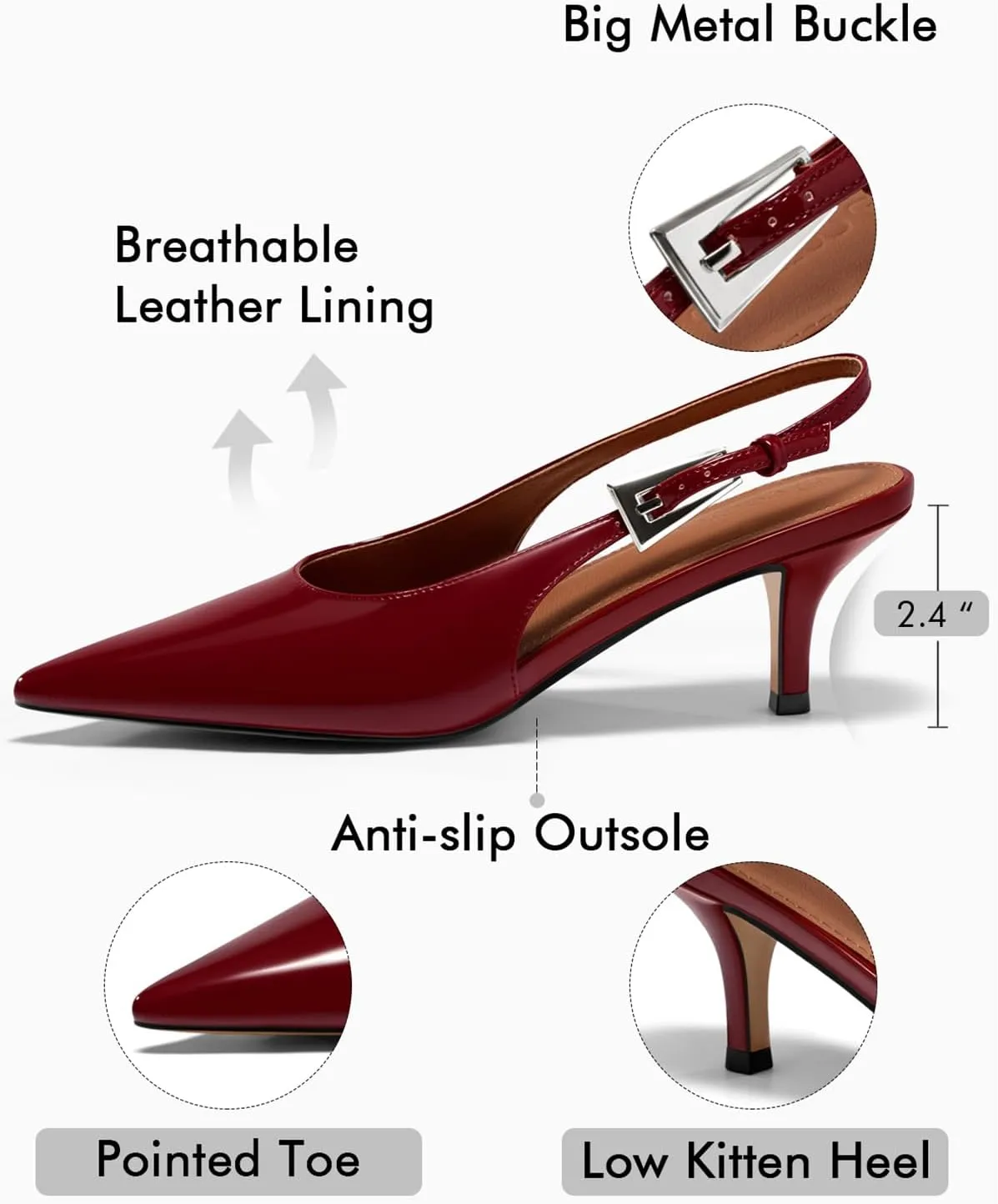 Coutgo Womens Slingback Heels Kitten Low Heel Dress Shoes Closed Pointed Toe Buckle Pumps Work Wedding Shoes