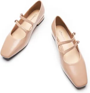 C.Paravano Women's Mary Jane Flats for Women| Square Toe Ballet Flats with Double Straps|Vintage-Inspired Dress Shoes for Work, Weddings, Casual Outings(Beige,9)