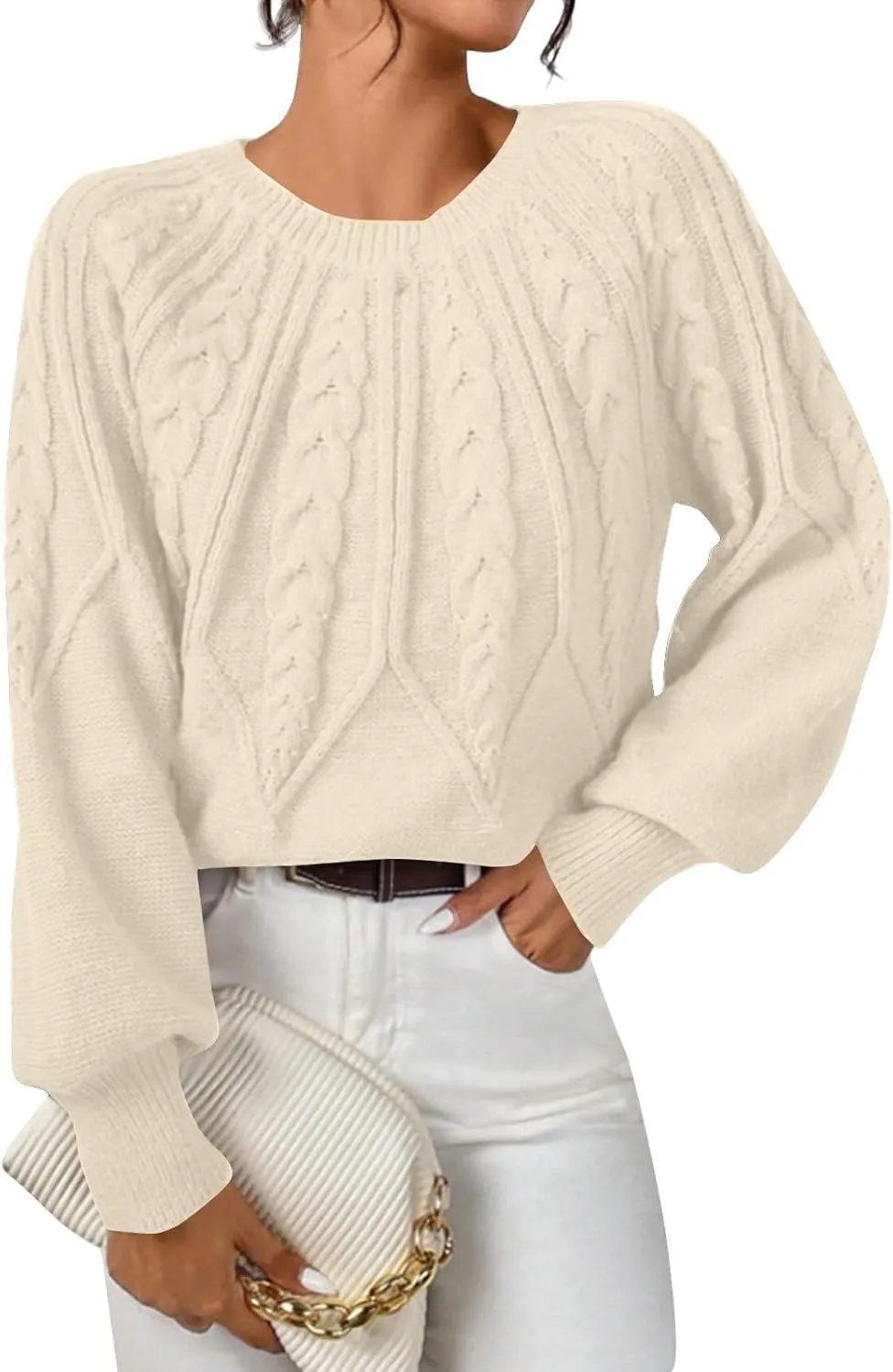 Crewneck Sweater Women Cable Knit Chunky Long Sleeve Winter Sweaters Oversized Crew Neck Cute Pullover Outfits