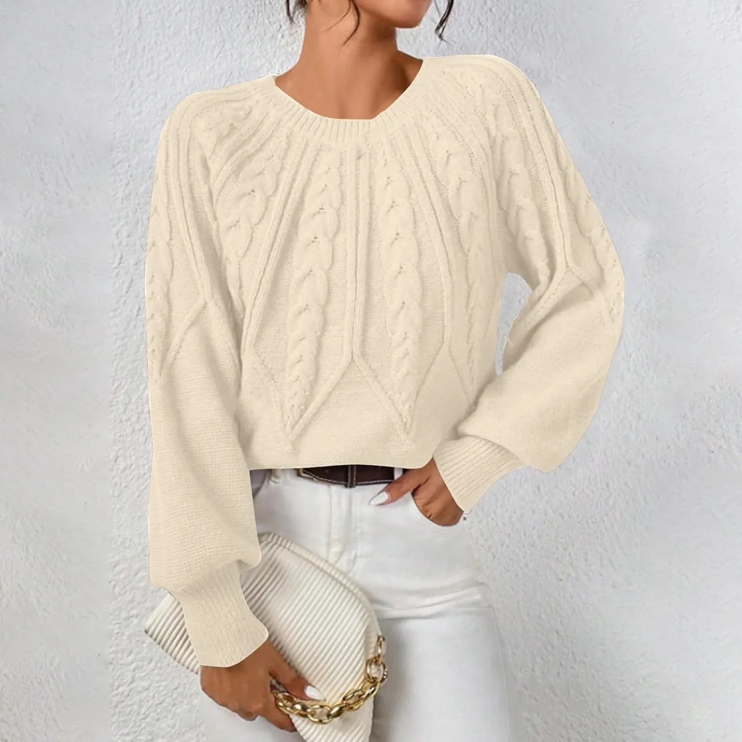 Crewneck Sweater Women Cable Knit Chunky Long Sleeve Winter Sweaters Oversized Crew Neck Cute Pullover Outfits