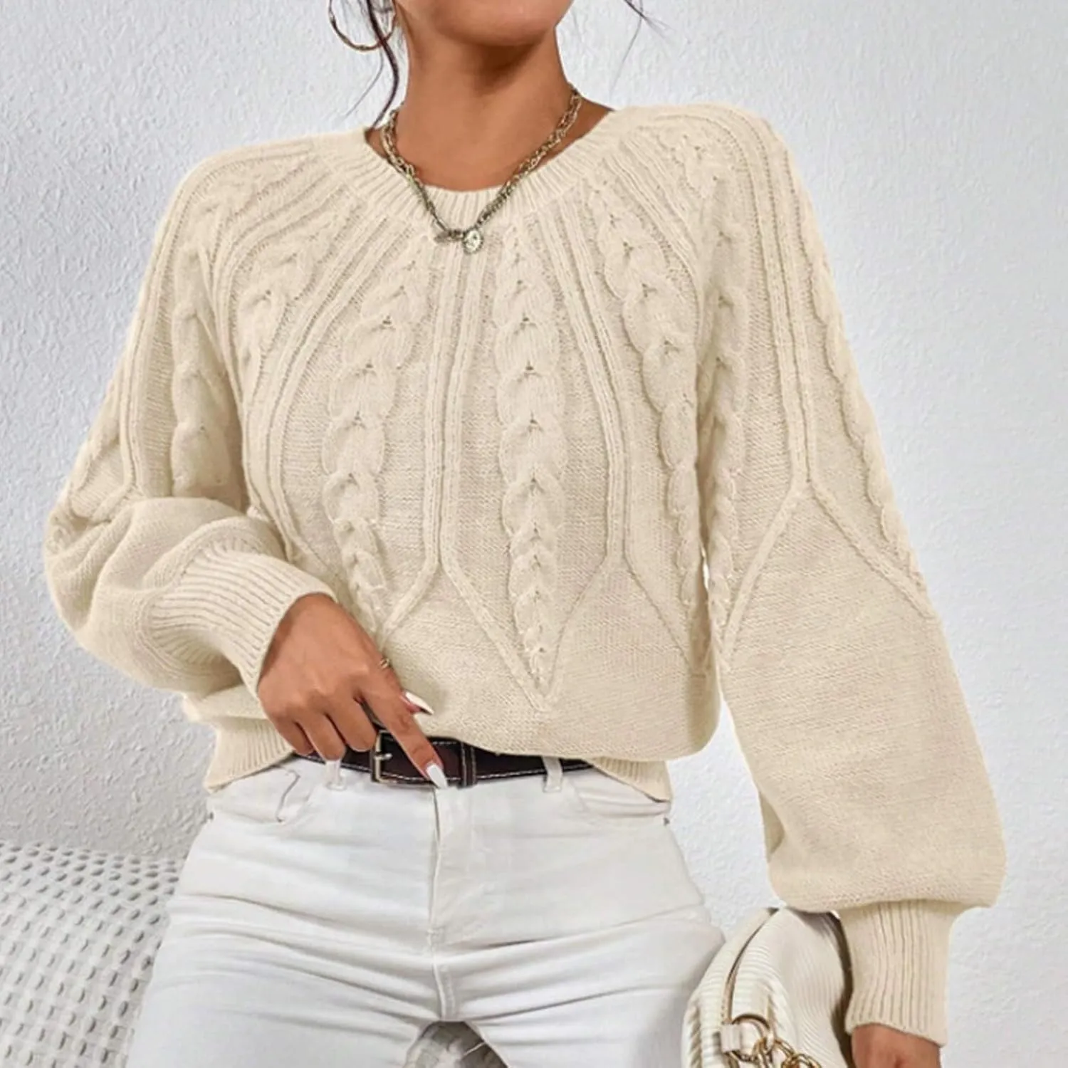 Crewneck Sweater Women Cable Knit Chunky Long Sleeve Winter Sweaters Oversized Crew Neck Cute Pullover Outfits