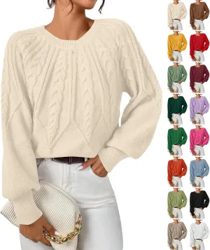 Crewneck Sweater Women Cable Knit Chunky Long Sleeve Winter Sweaters Oversized Crew Neck Cute Pullover Outfits