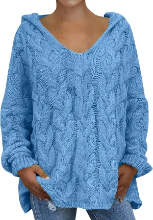 Crochet Sweaters for Women Cable Knit Hooded Sweater Plain Oversized Pullover Cozy Warm Chunky Sweaters