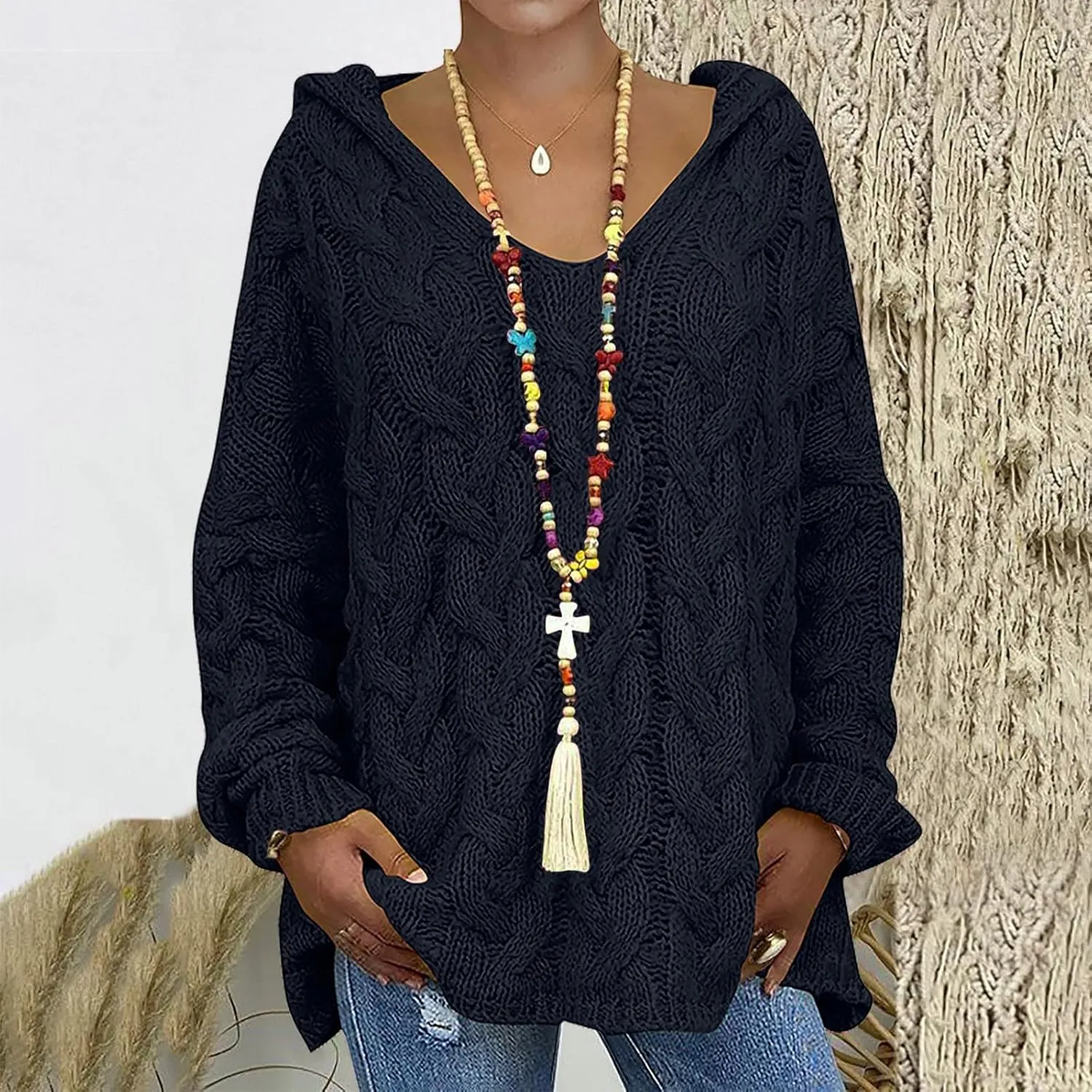Crochet Sweaters for Women Cable Knit Hooded Sweater Plain Oversized Pullover Cozy Warm Chunky Sweaters
