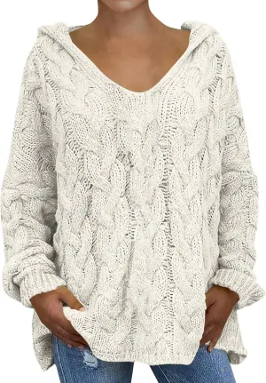 Crochet Sweaters for Women Cable Knit Hooded Sweater Plain Oversized Pullover Cozy Warm Chunky Sweaters
