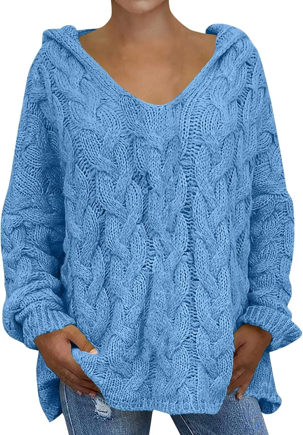 Crochet Sweaters for Women Cable Knit Hooded Sweater Plain Oversized Pullover Cozy Warm Chunky Sweaters