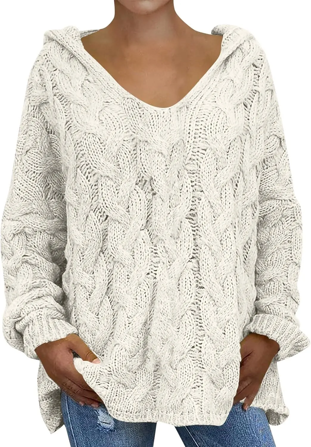 Crochet Sweaters for Women Cable Knit Hooded Sweater Plain Oversized Pullover Cozy Warm Chunky Sweaters