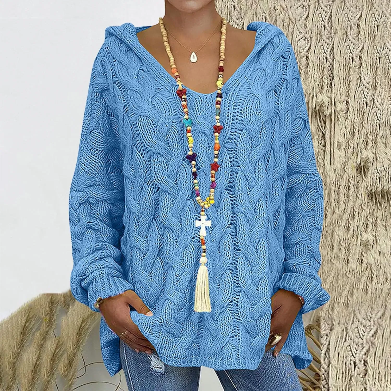 Crochet Sweaters for Women Cable Knit Hooded Sweater Plain Oversized Pullover Cozy Warm Chunky Sweaters
