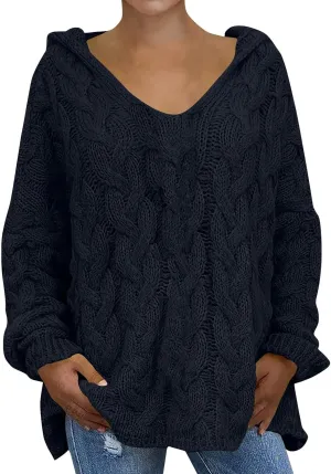 Crochet Sweaters for Women Cable Knit Hooded Sweater Plain Oversized Pullover Cozy Warm Chunky Sweaters