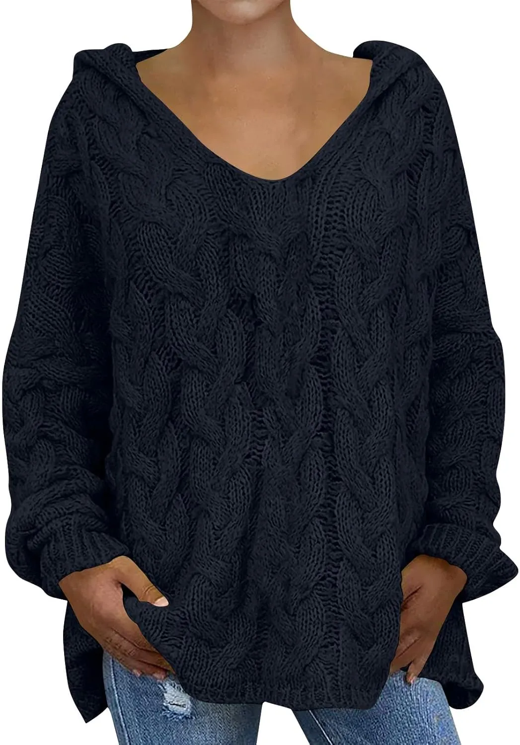 Crochet Sweaters for Women Cable Knit Hooded Sweater Plain Oversized Pullover Cozy Warm Chunky Sweaters