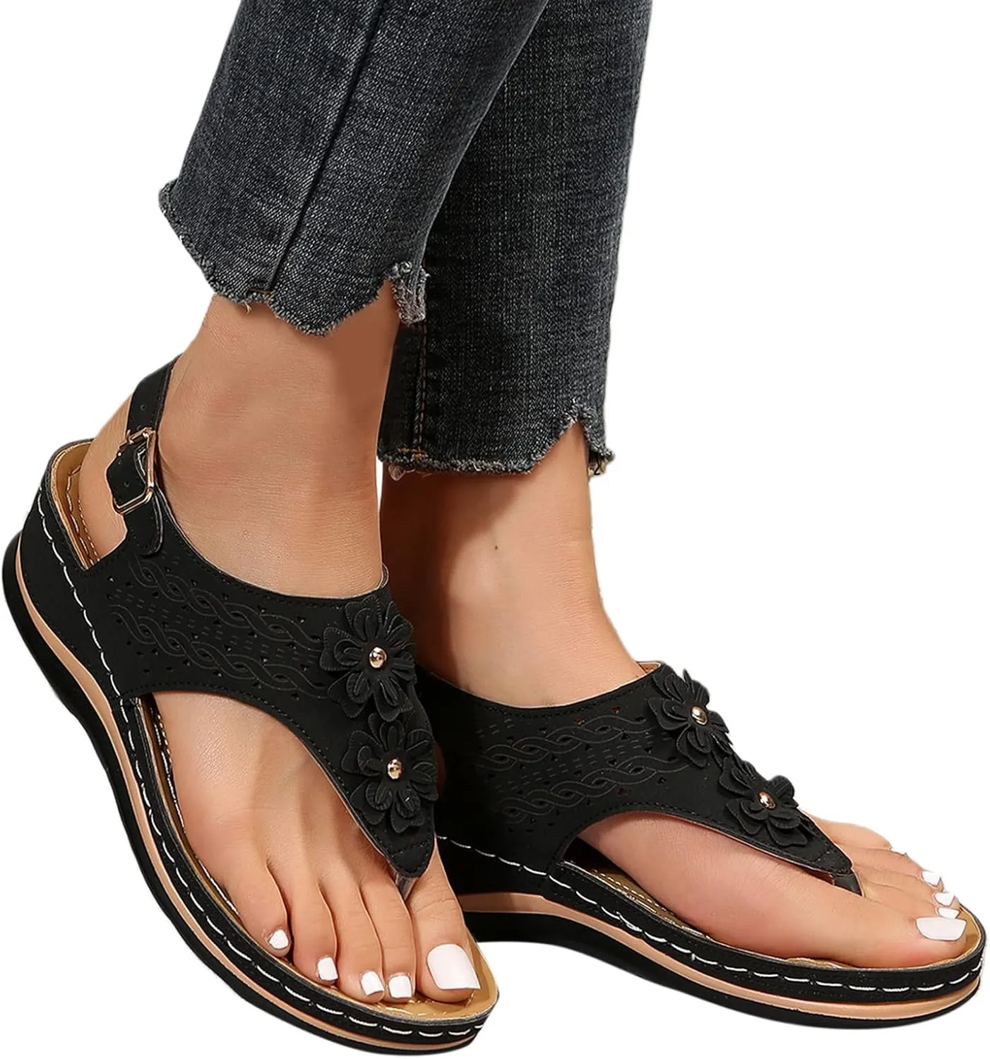 Eduavar Orthopedic Sandals for Women, Womens Sandals Comfy Flip Flops Sandal Anti-Slip Breathable Ankle Strap Sandals