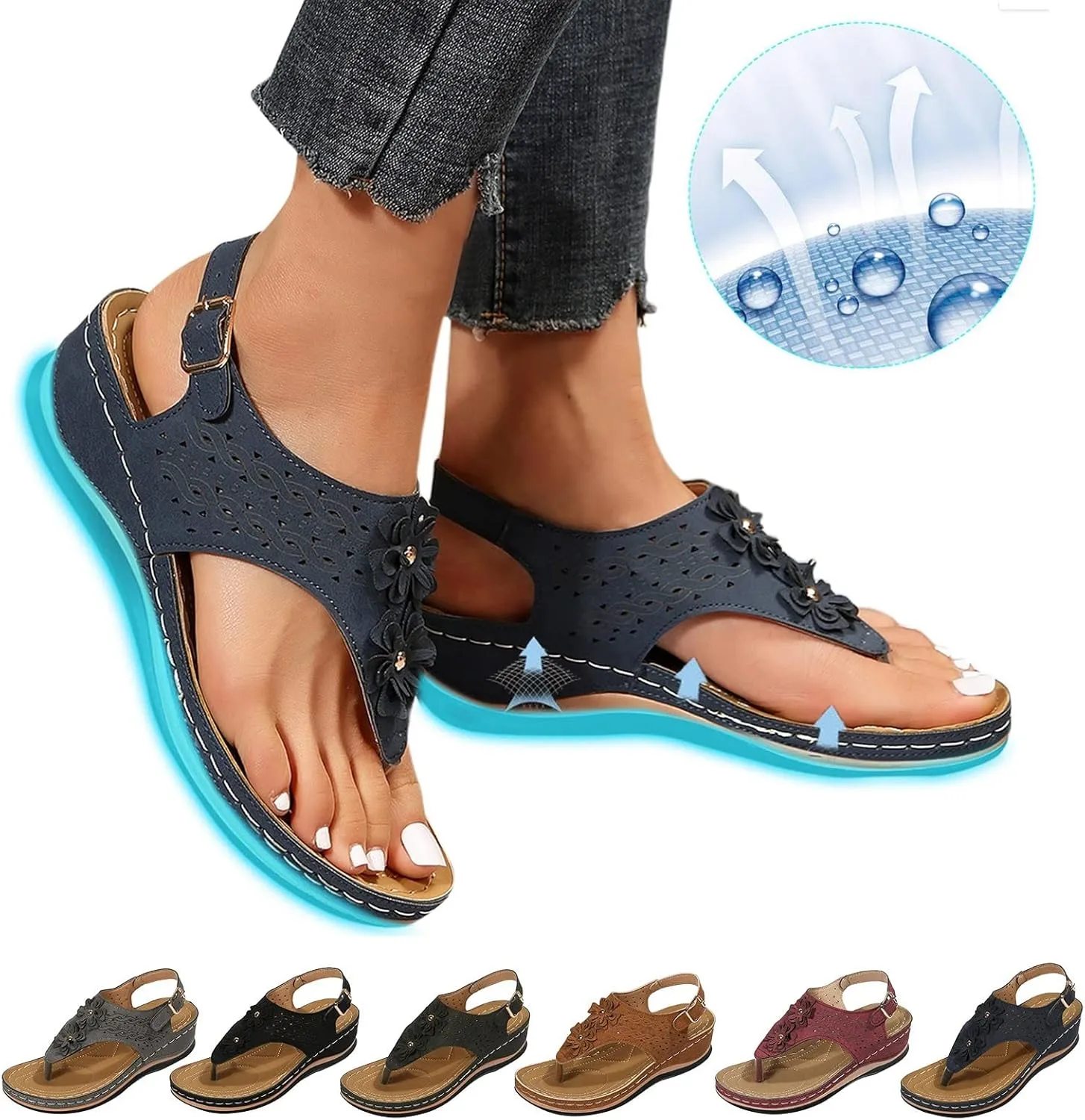 Eduavar Orthopedic Sandals for Women, Womens Sandals Comfy Flip Flops Sandal Anti-Slip Breathable Ankle Strap Sandals