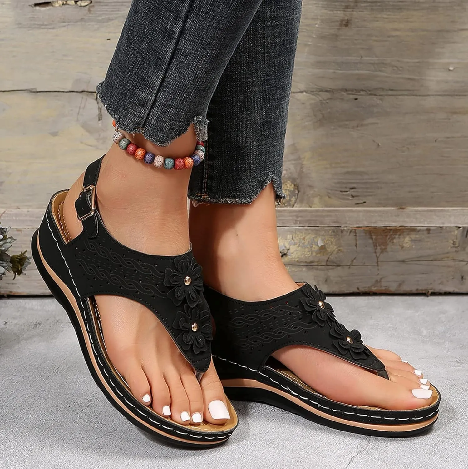 Eduavar Orthopedic Sandals for Women, Womens Sandals Comfy Flip Flops Sandal Anti-Slip Breathable Ankle Strap Sandals