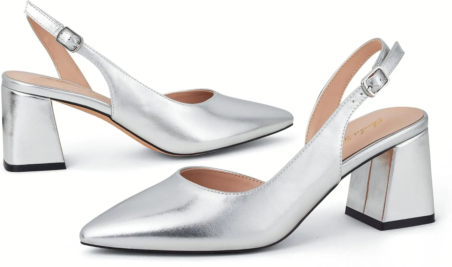 Elisabet Tang Women's Pumps Slingback 2 Inches Block Chunky Heels with Closed Pointed Toe Thick Low Pumps Wedding Party Prom Dating Casual Work Dressy Black Silver Gold Glitter Hot Pink