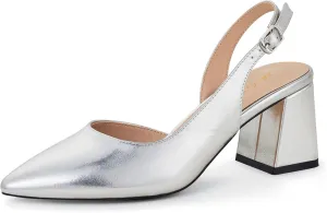 Elisabet Tang Women's Pumps Slingback 2 Inches Block Chunky Heels with Closed Pointed Toe Thick Low Pumps Wedding Party Prom Dating Casual Work Dressy Black Silver Gold Glitter Hot Pink