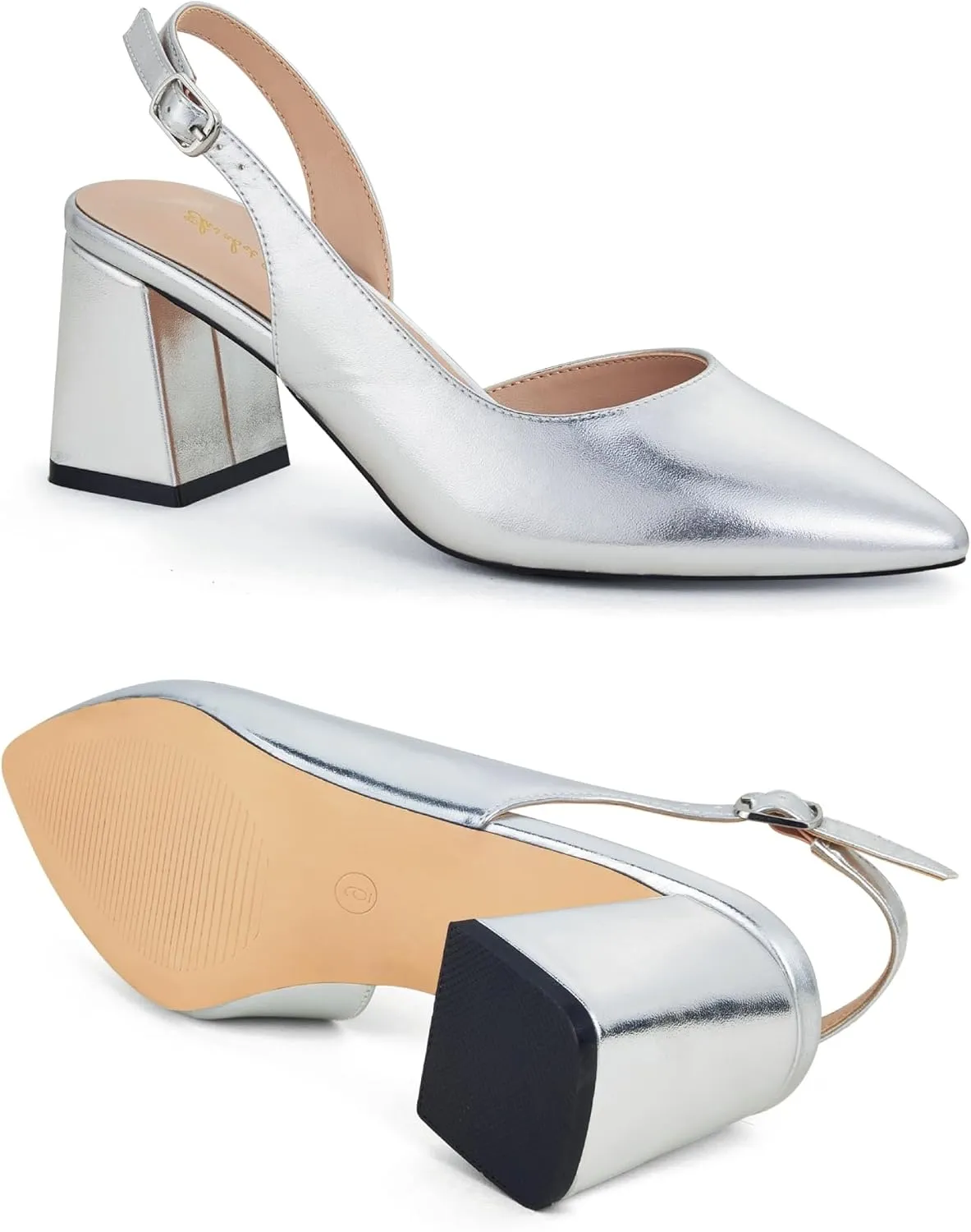Elisabet Tang Women's Pumps Slingback 2 Inches Block Chunky Heels with Closed Pointed Toe Thick Low Pumps Wedding Party Prom Dating Casual Work Dressy Black Silver Gold Glitter Hot Pink