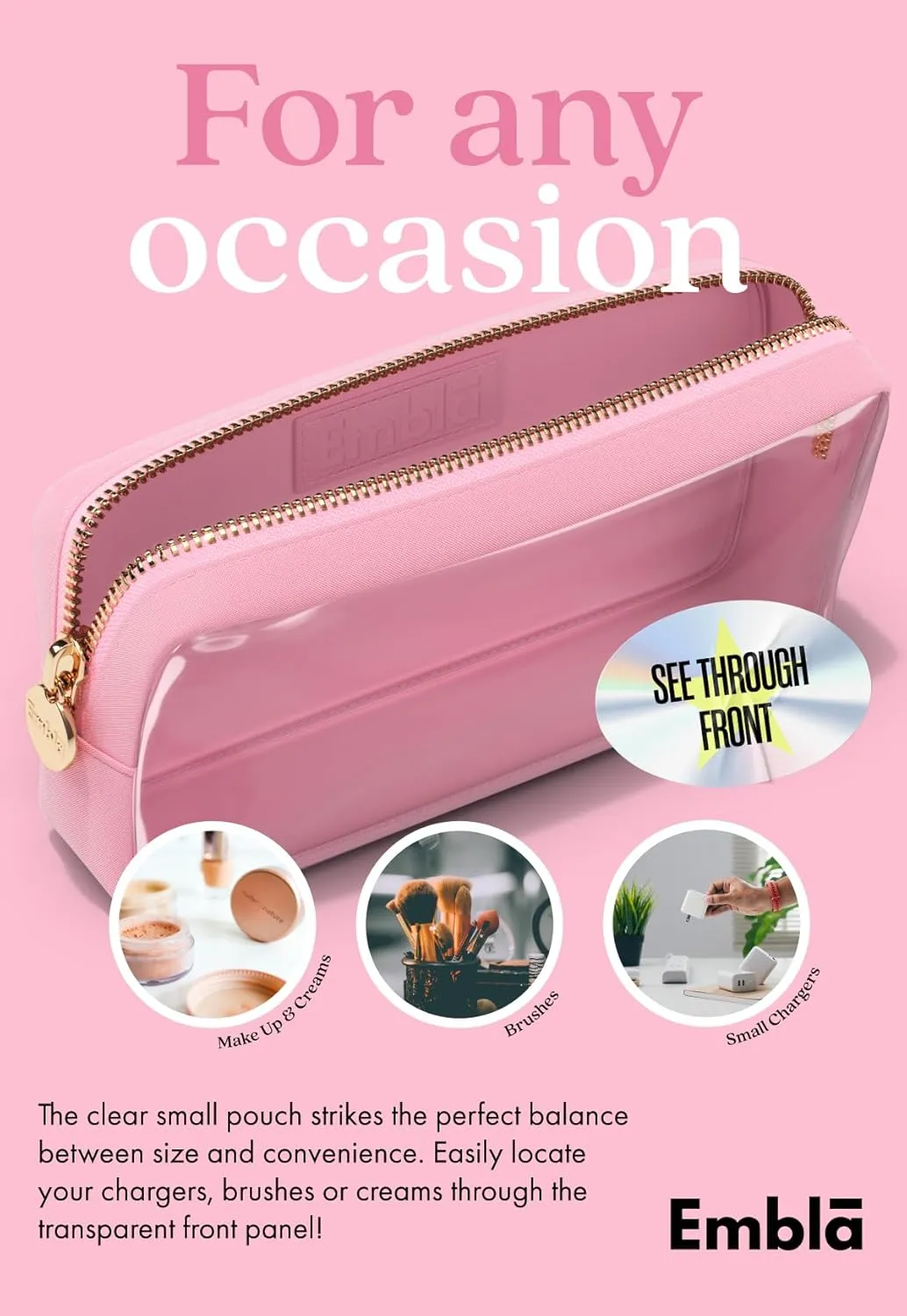 Embla Clear Cosmetic Bag Makeup Case, Clear Zipper Make Up Pouch and Toiletry Travel Tote, Cute Skincare Pouches for Women Girls, Preppy Purse Cosmetic Organizer, Small Makeup Bags, Flamingo Pink