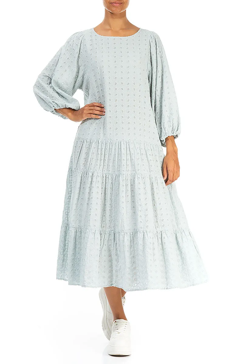 Embroidered Puff Sleeves Light Grey Cotton Dress
