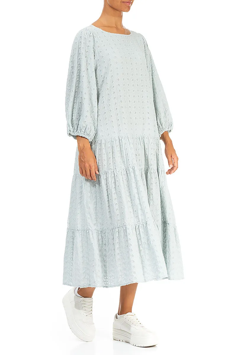 Embroidered Puff Sleeves Light Grey Cotton Dress