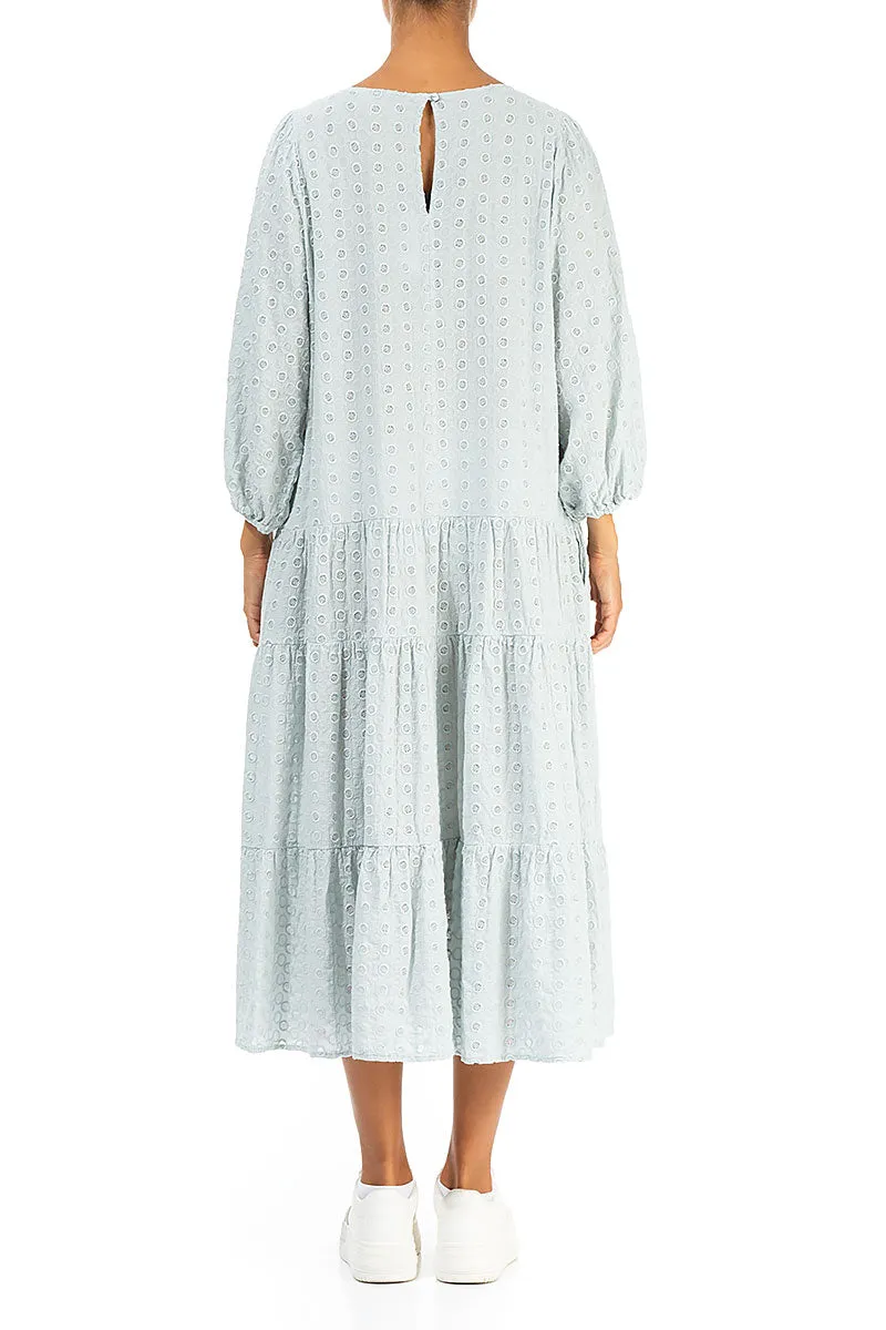 Embroidered Puff Sleeves Light Grey Cotton Dress
