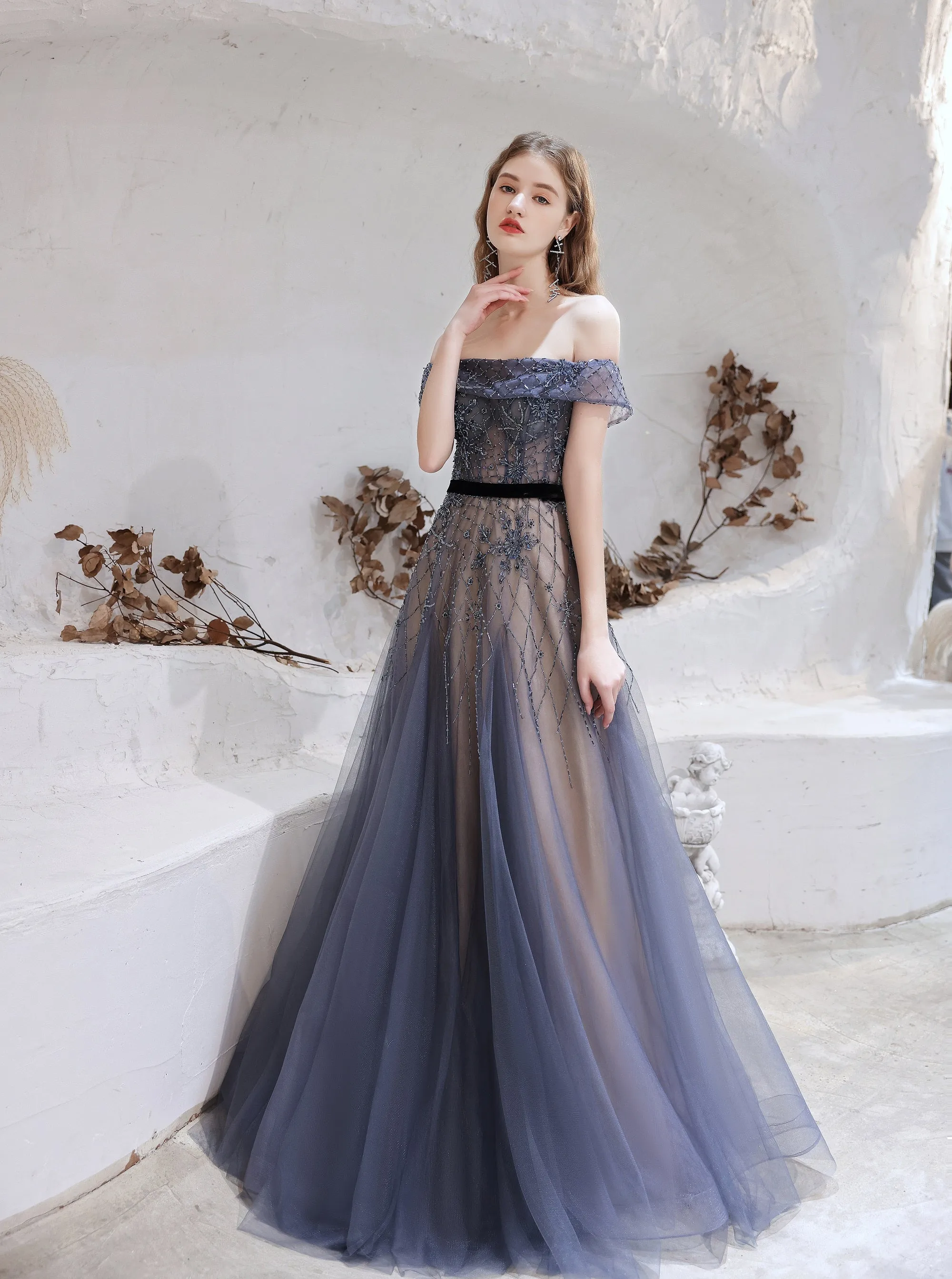 Evening Dress, Blue Prom Dresses, A Line Bateau Neck Floor Length Short Sleeves Zipper Formal Party Dresses, Pageant Dresses