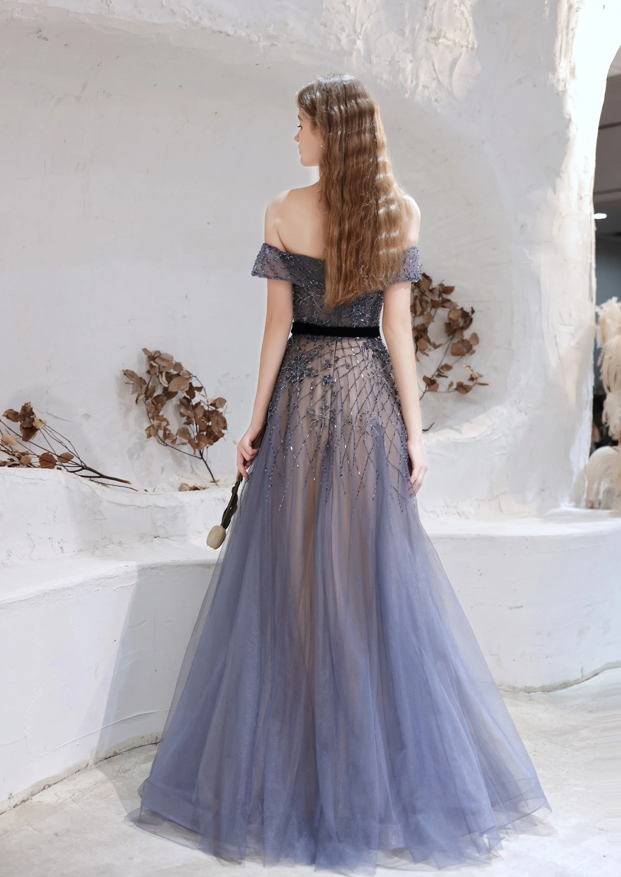 Evening Dress, Blue Prom Dresses, A Line Bateau Neck Floor Length Short Sleeves Zipper Formal Party Dresses, Pageant Dresses