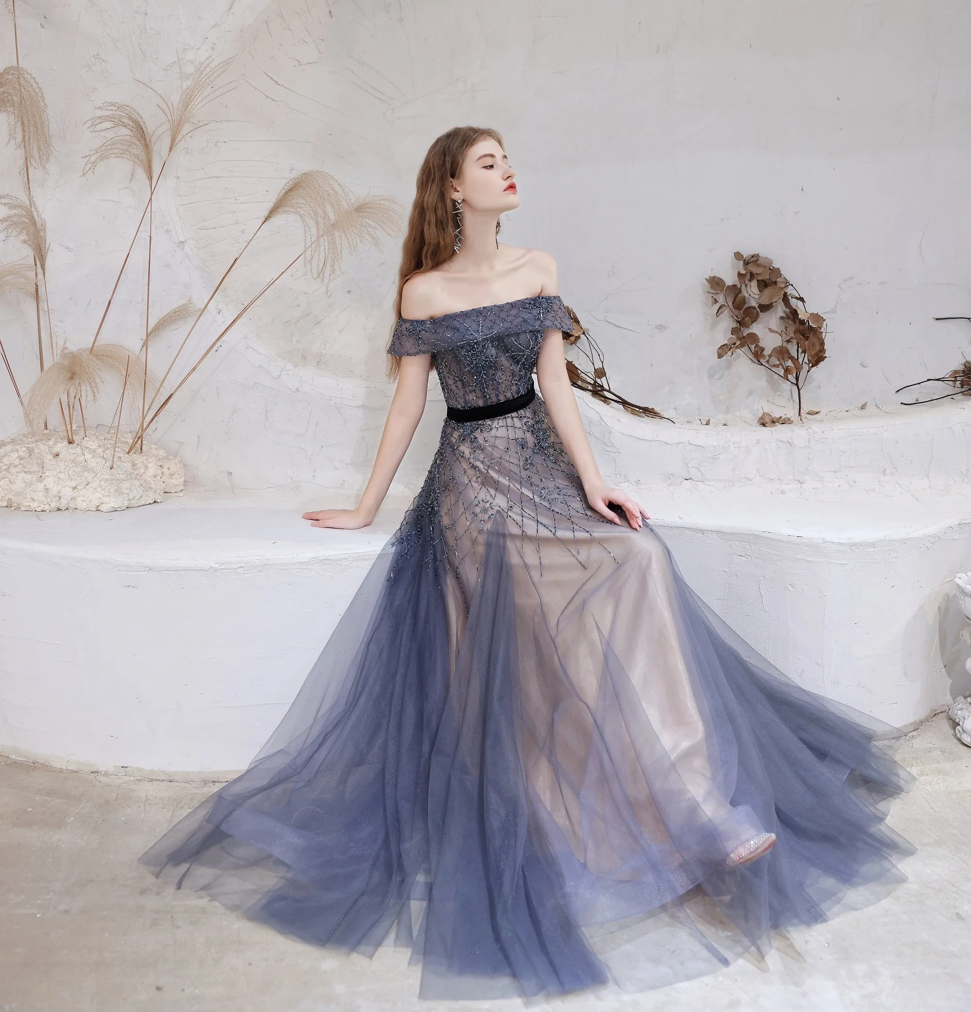 Evening Dress, Blue Prom Dresses, A Line Bateau Neck Floor Length Short Sleeves Zipper Formal Party Dresses, Pageant Dresses