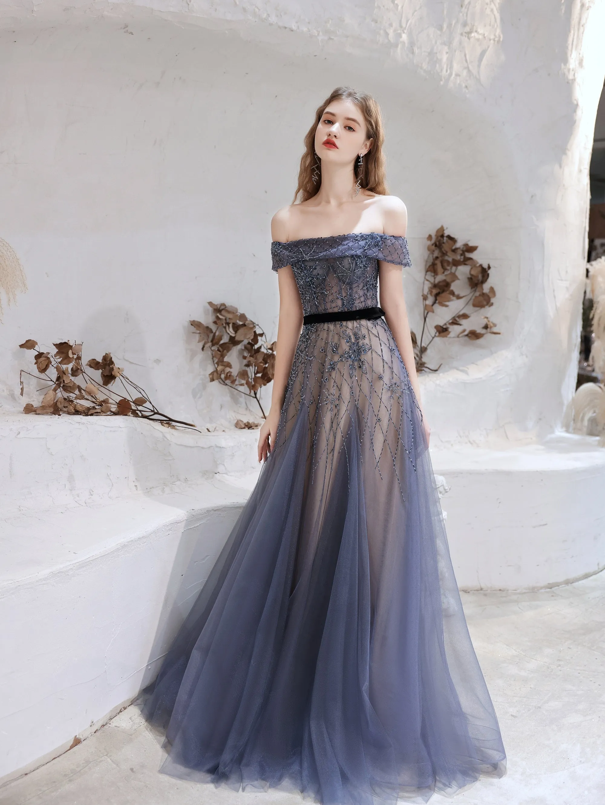 Evening Dress, Blue Prom Dresses, A Line Bateau Neck Floor Length Short Sleeves Zipper Formal Party Dresses, Pageant Dresses