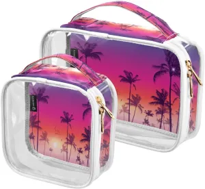 Exotic Tropical Palms Trees 2 Pieces Clear Makeup Cosmetic Bags for Traveling Vacation Organizing, Toiletry Bags for Women Men, PVC Waterproof Travel Organizer
