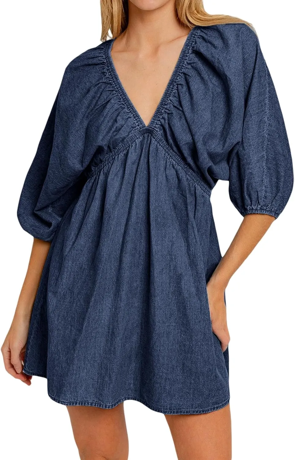 Faretumiya Women Denim Mini Dress Flowy Puff Short Sleeve Babydoll Y2k Ruffle Bow Tie Going Out Short Party Jean Dress