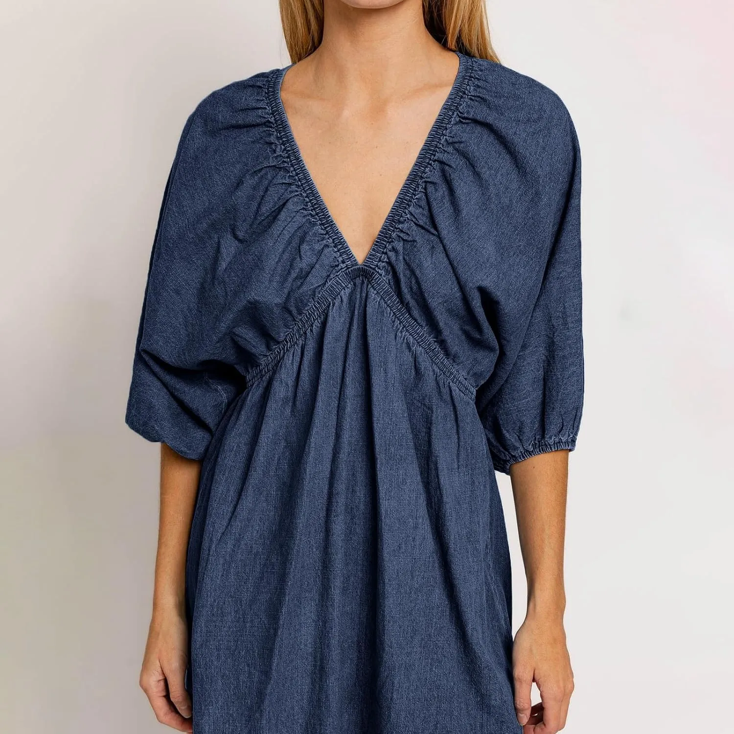 Faretumiya Women Denim Mini Dress Flowy Puff Short Sleeve Babydoll Y2k Ruffle Bow Tie Going Out Short Party Jean Dress