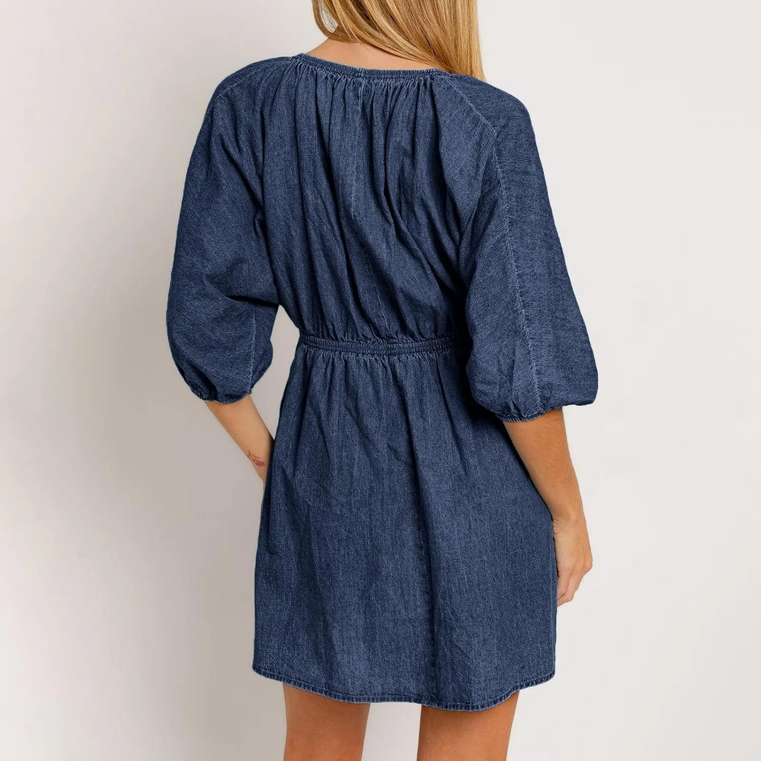 Faretumiya Women Denim Mini Dress Flowy Puff Short Sleeve Babydoll Y2k Ruffle Bow Tie Going Out Short Party Jean Dress